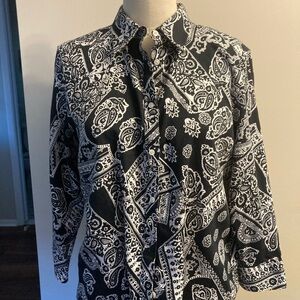 Black and White Paisley Blouse with Long Sleeves